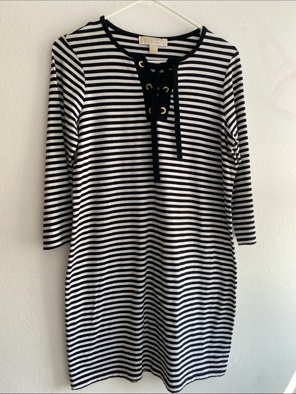 Michael Kors Black & White Striped Lace-Up 3/4 Sleeve Dress w/ Gold Accents